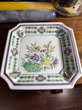 Floral Bird Porcelain Serving Dish in White, Purple & Green 8”
